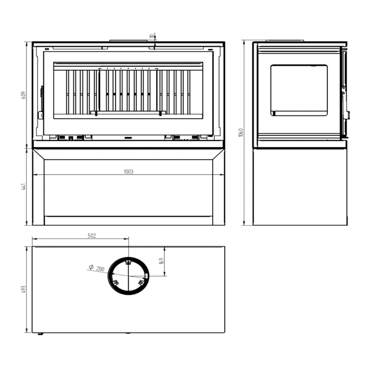 Measurements Front wood stove 3 sides with log holder and turbines M-103 LK