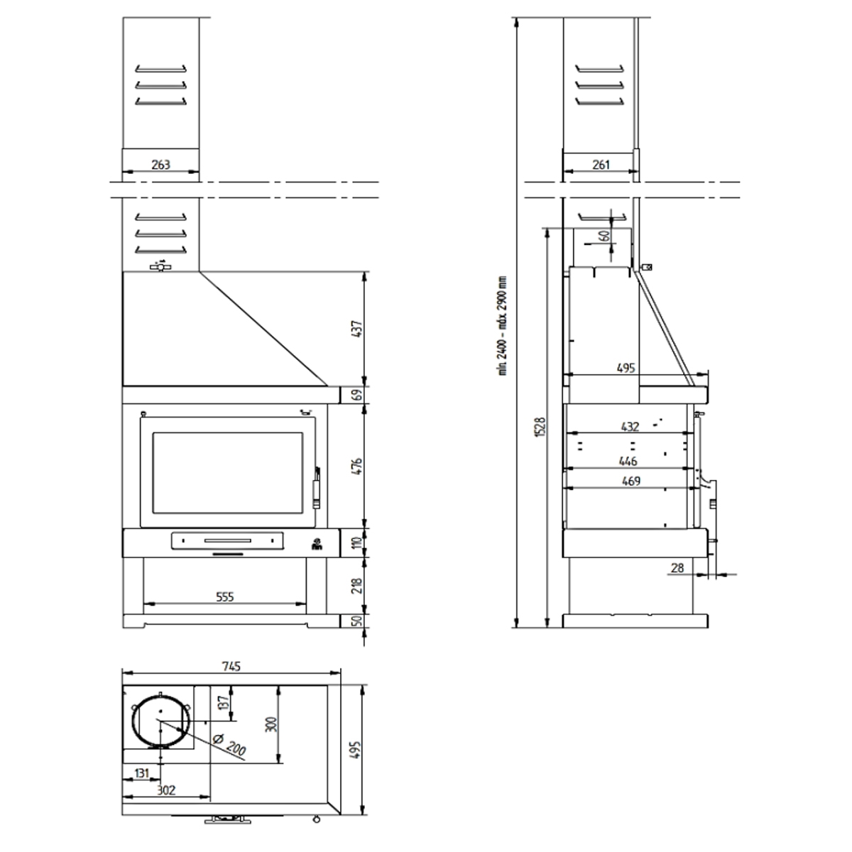 right-hand corner chimney C-302 measurements