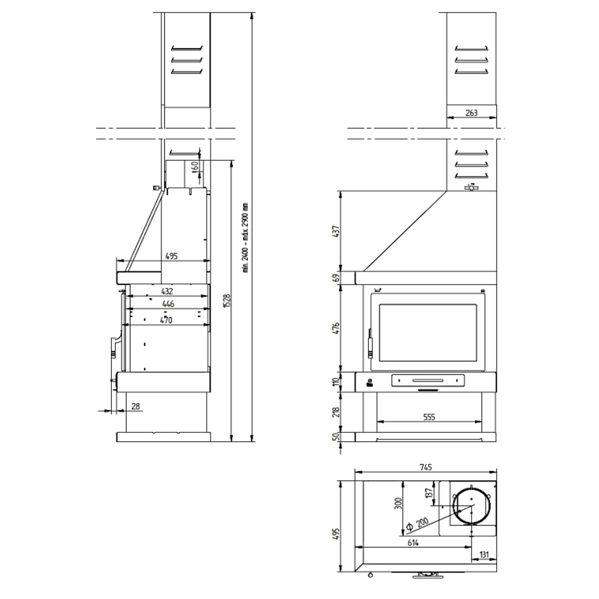Dimensions de la Poêle Cheminée d’angle gauche C-302 avec verre sérigraphié