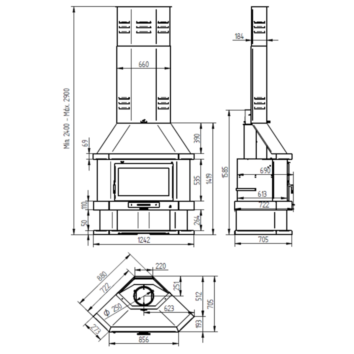Poêle Cheminée d’angle C-200 R mesures