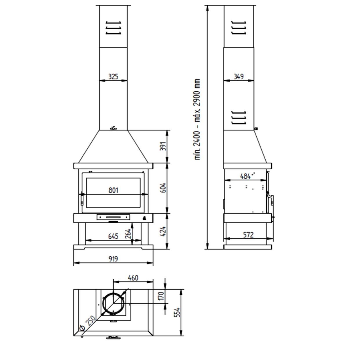 Dimensions de la Poêle Cheminée avant C-200