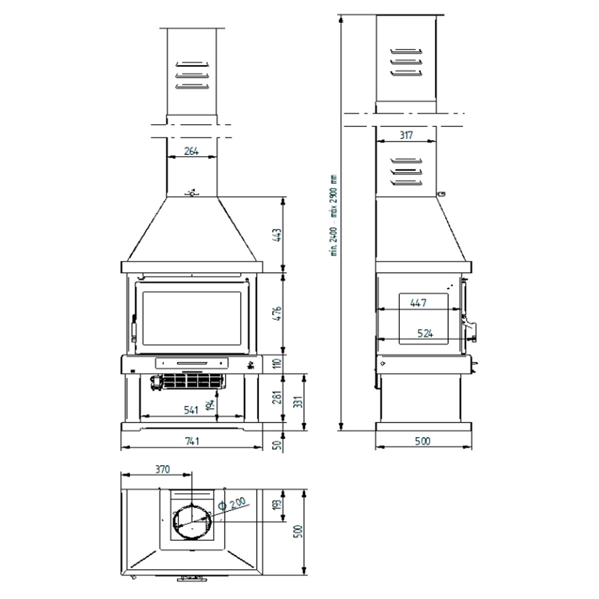 dimensions façade Poêle Cheminée C-303 TK