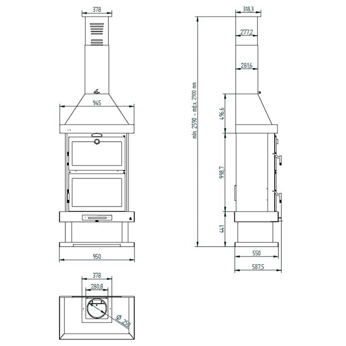 Poêle Cheminée avant avec four C-200 H mesures