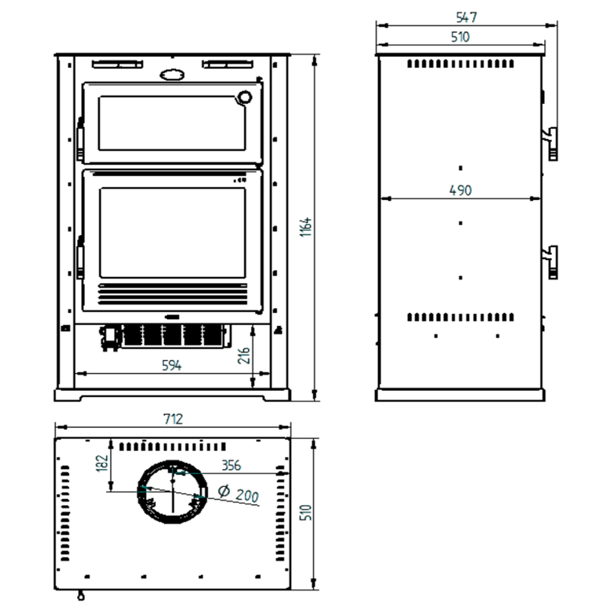 Estufa de leña con horno y turbina M-107 T medidas