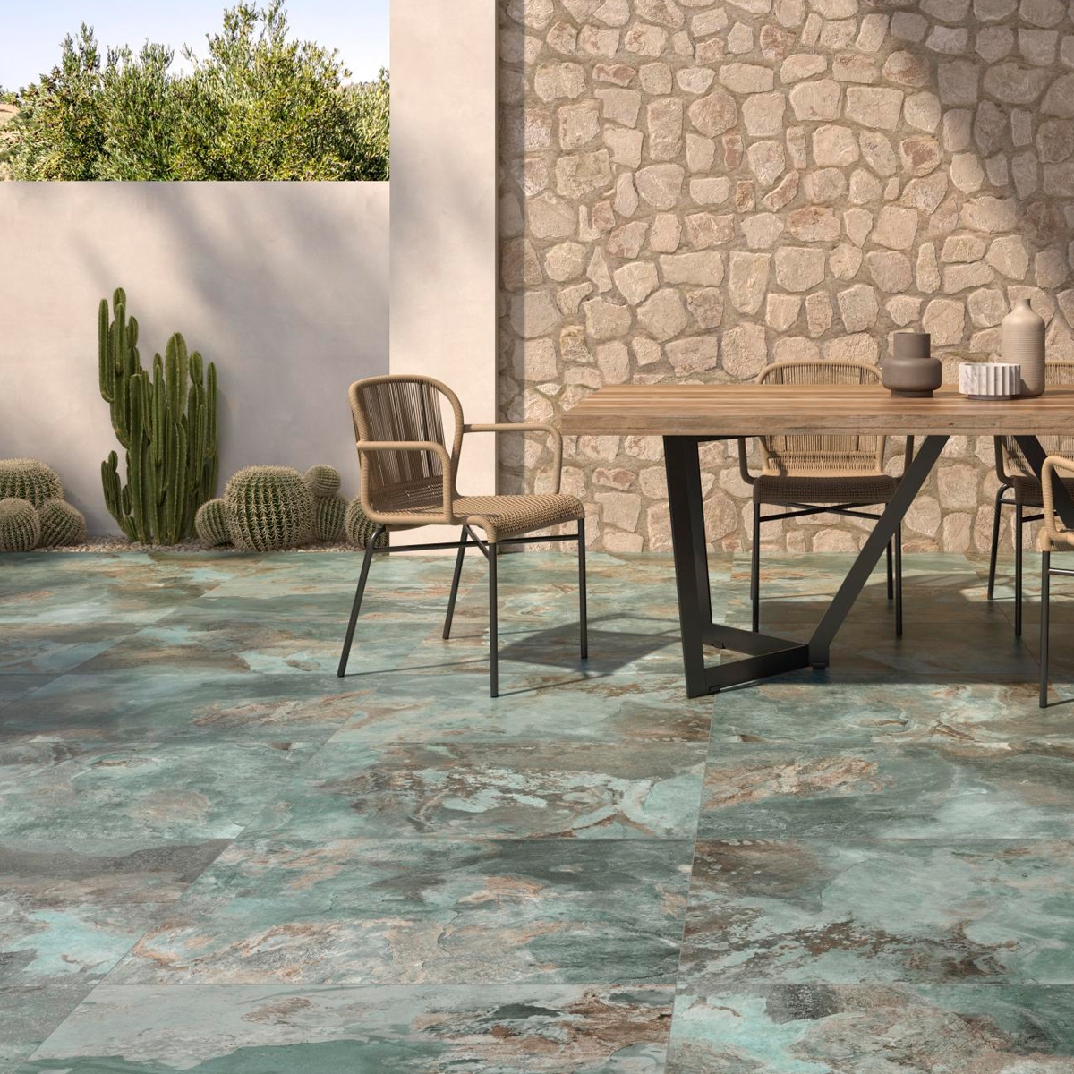 Exterior com pavimento antiderrapante verde Okai 60x90