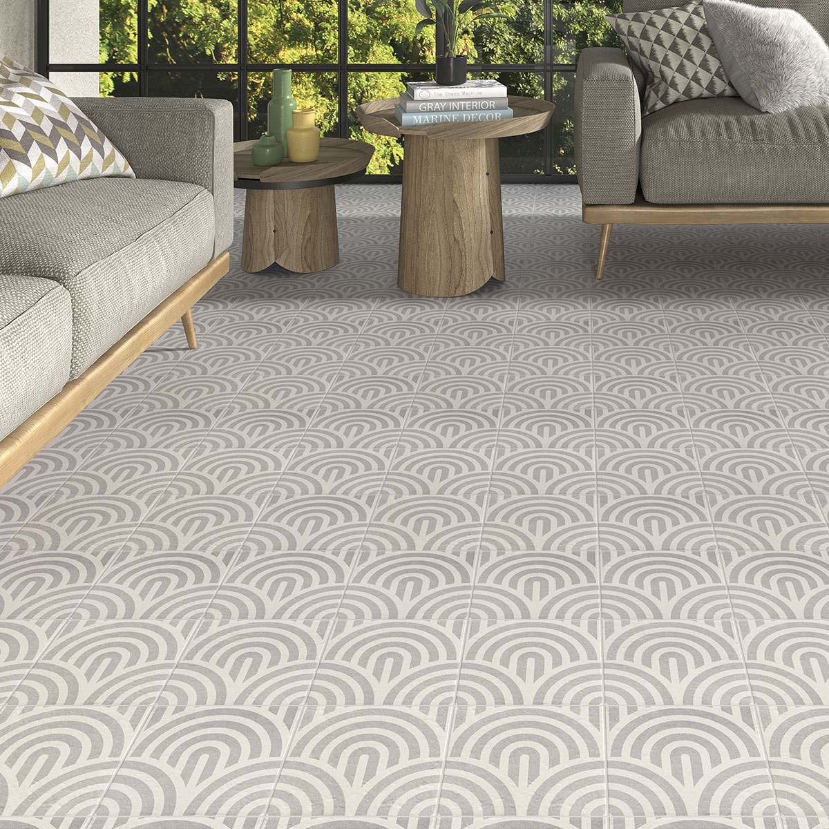 Sala con pavimento Grey Neutral Decor Grey Three 20x20 cm (Caja 1 m2)