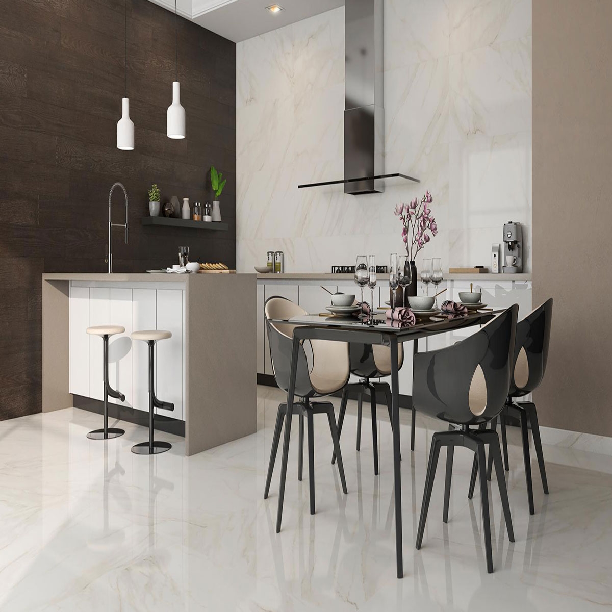 Cozinha com revestimento Tresana Branco Polido 60x120