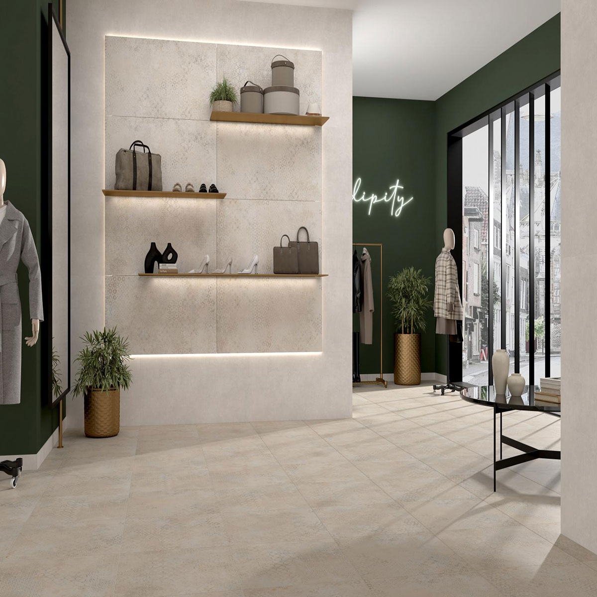 Interior con pavimento y revestimiento AT Alpha Beat Sand 60x120