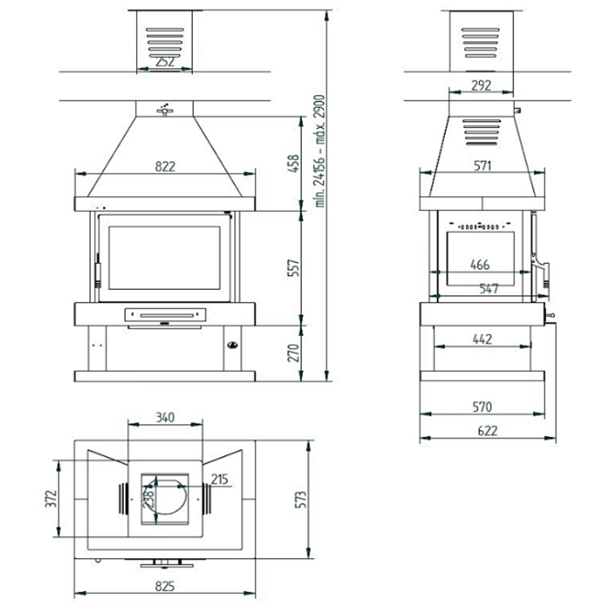 Measurements Central wood fireplace C-104 K