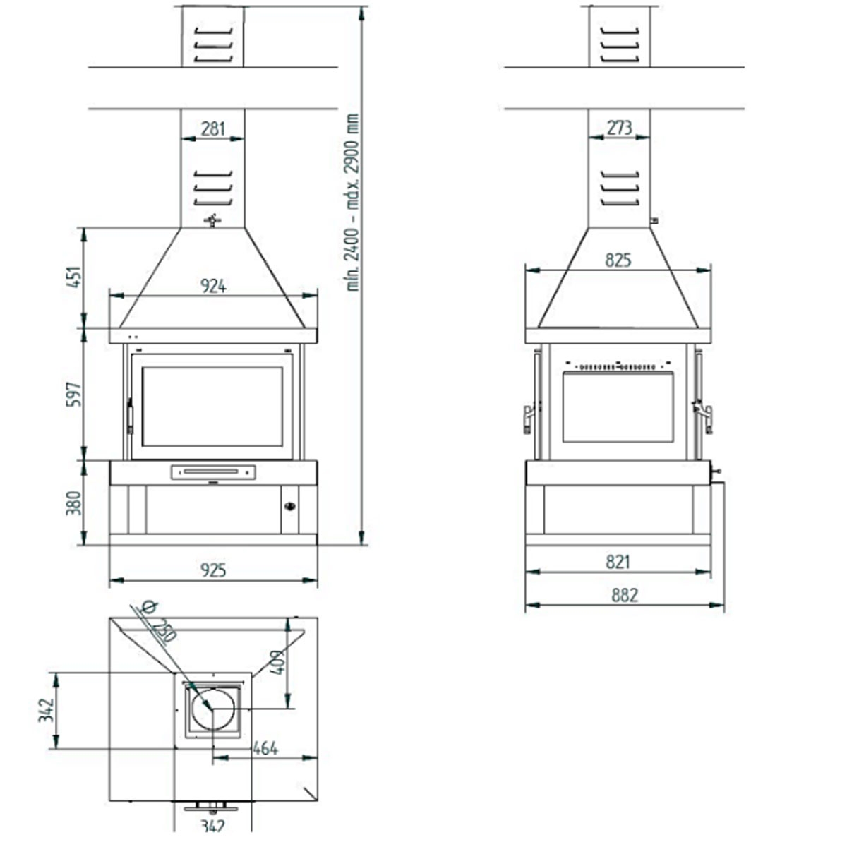 Medidas Chimenea de leña central C-204 K
