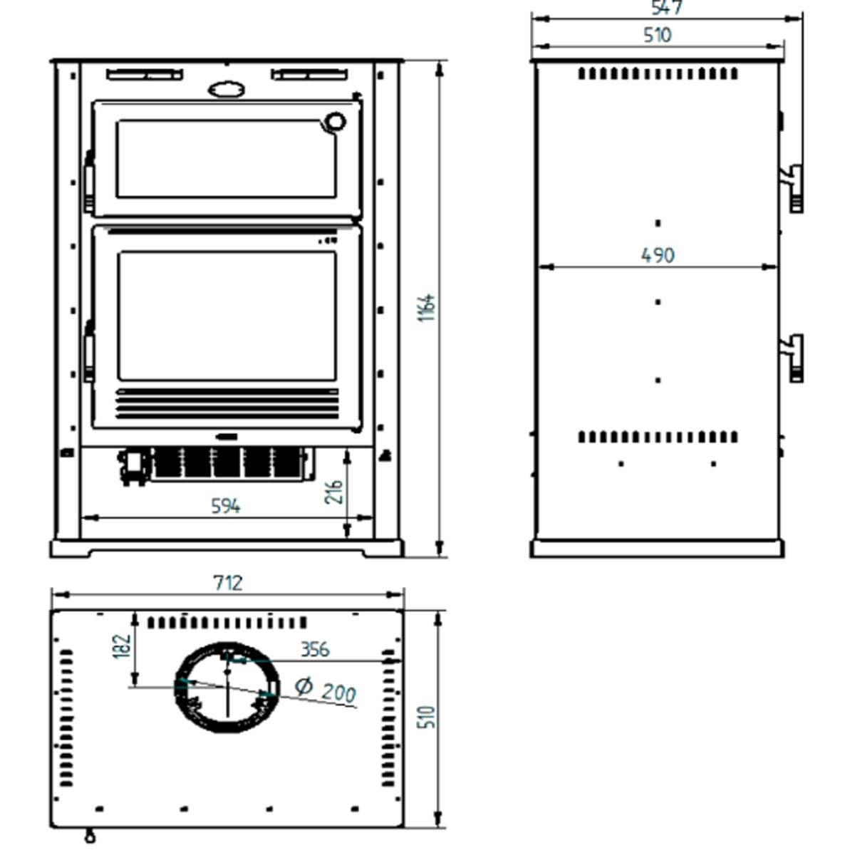 Dimensions Poêle à bois avant avec four et chauffe-plat M-107 C