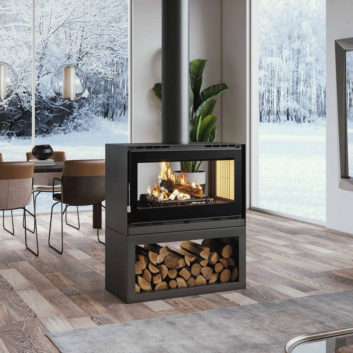 Front Wood Stove with Woodshed and Turbines M-172 LK