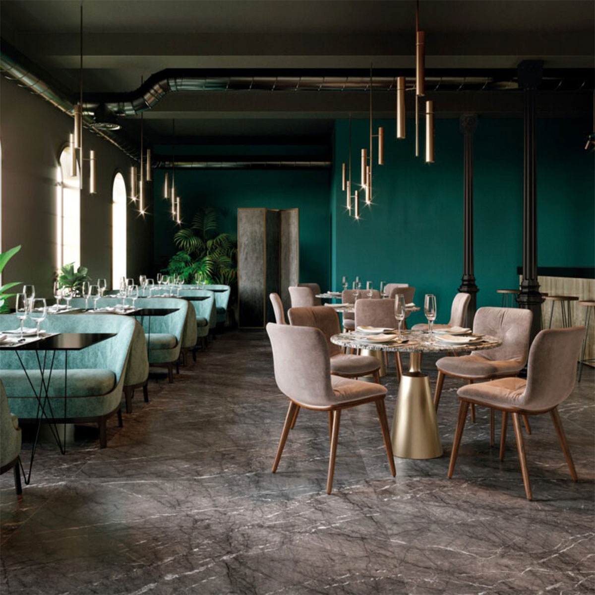 Intérieur avec revêtement Lume Greige Struttura 3D Swing Lux 6x24