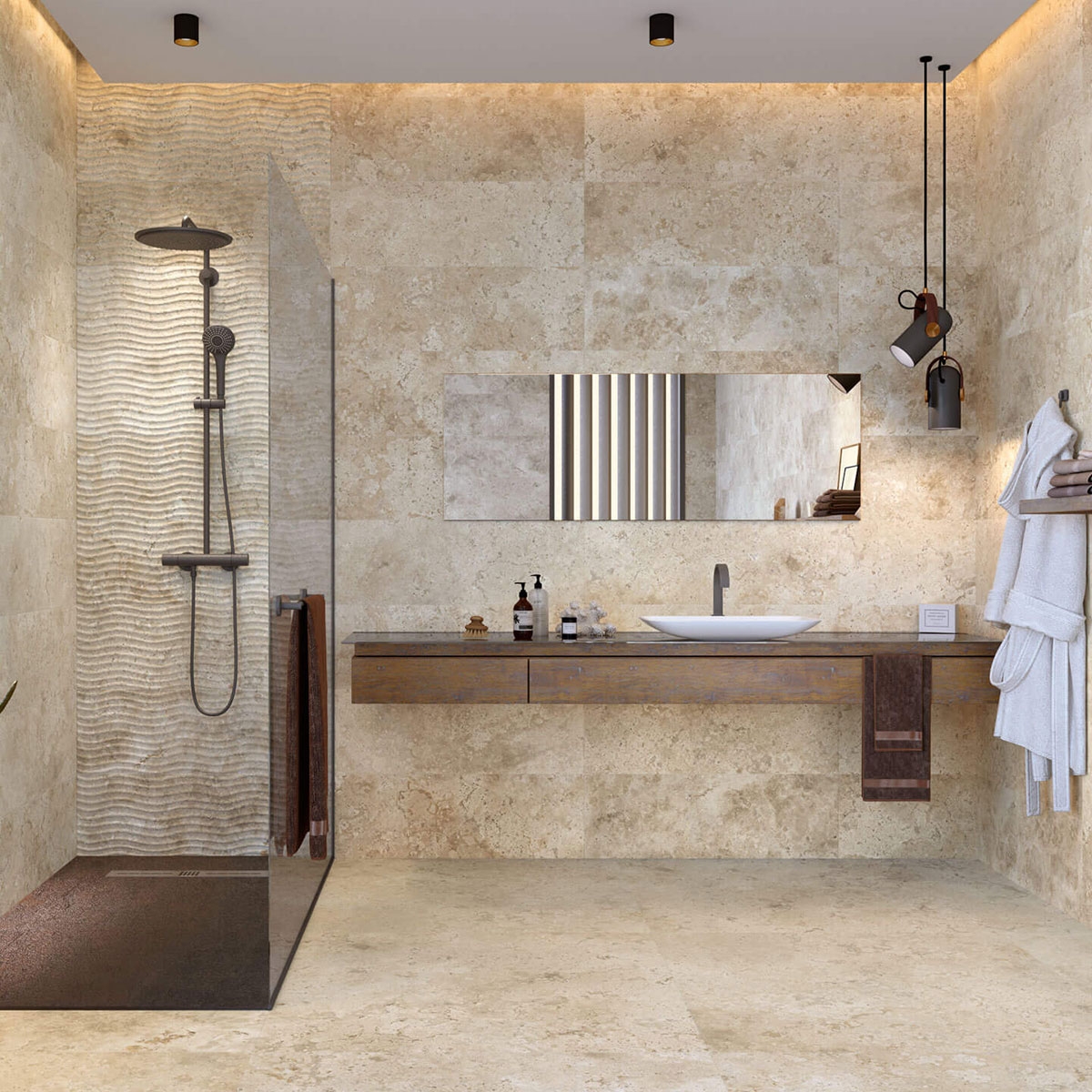Badezimmer mit Baltimore 9529 Relief Elypse Caramel 30x90 (Box 1,08m²)