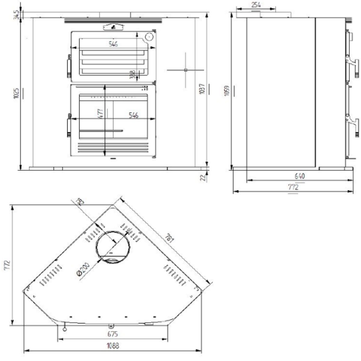 Dimensions Cuisinières à bois d’angle HL-200 RF