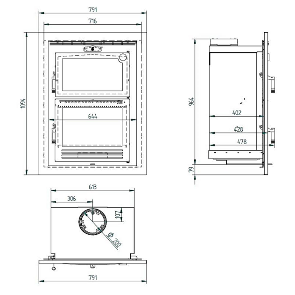 Dimensions Insertable wood-burning oven HLI-100 F