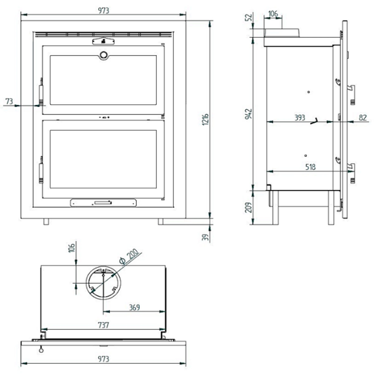 Dimensões Forno a lenha inserível HLI-200 F