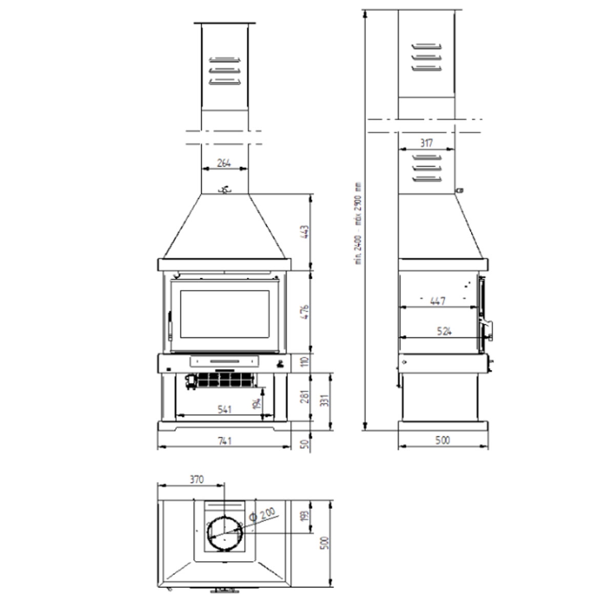 Medidas Lareira a lenha frontal com turbina C-300 TFK