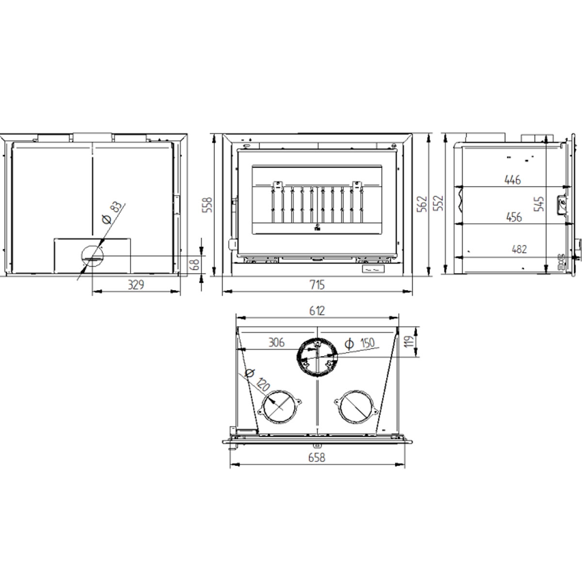 Dimensions IT-170 K firewood insert