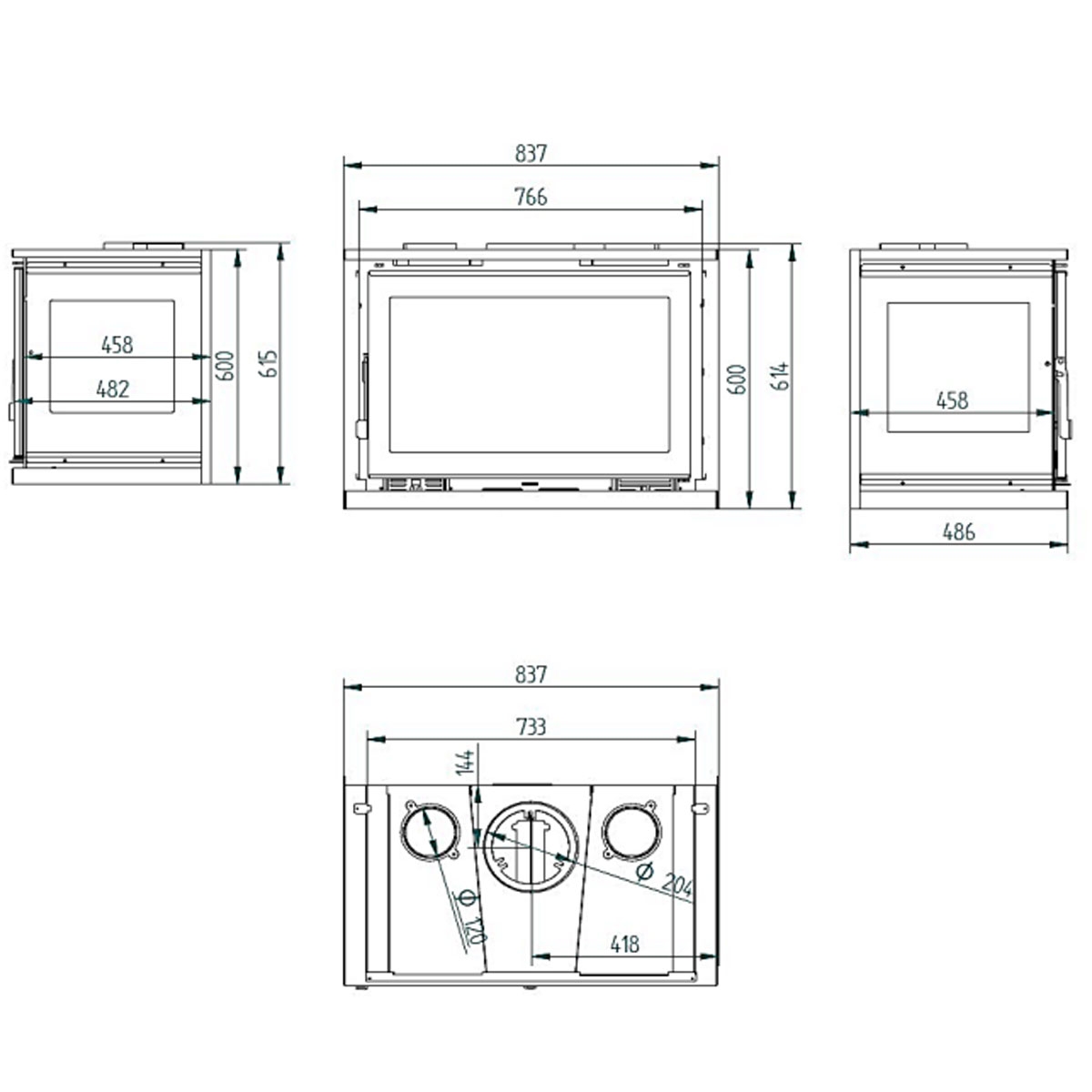 Dimensions insert à bois 3 faces IT-183 FK