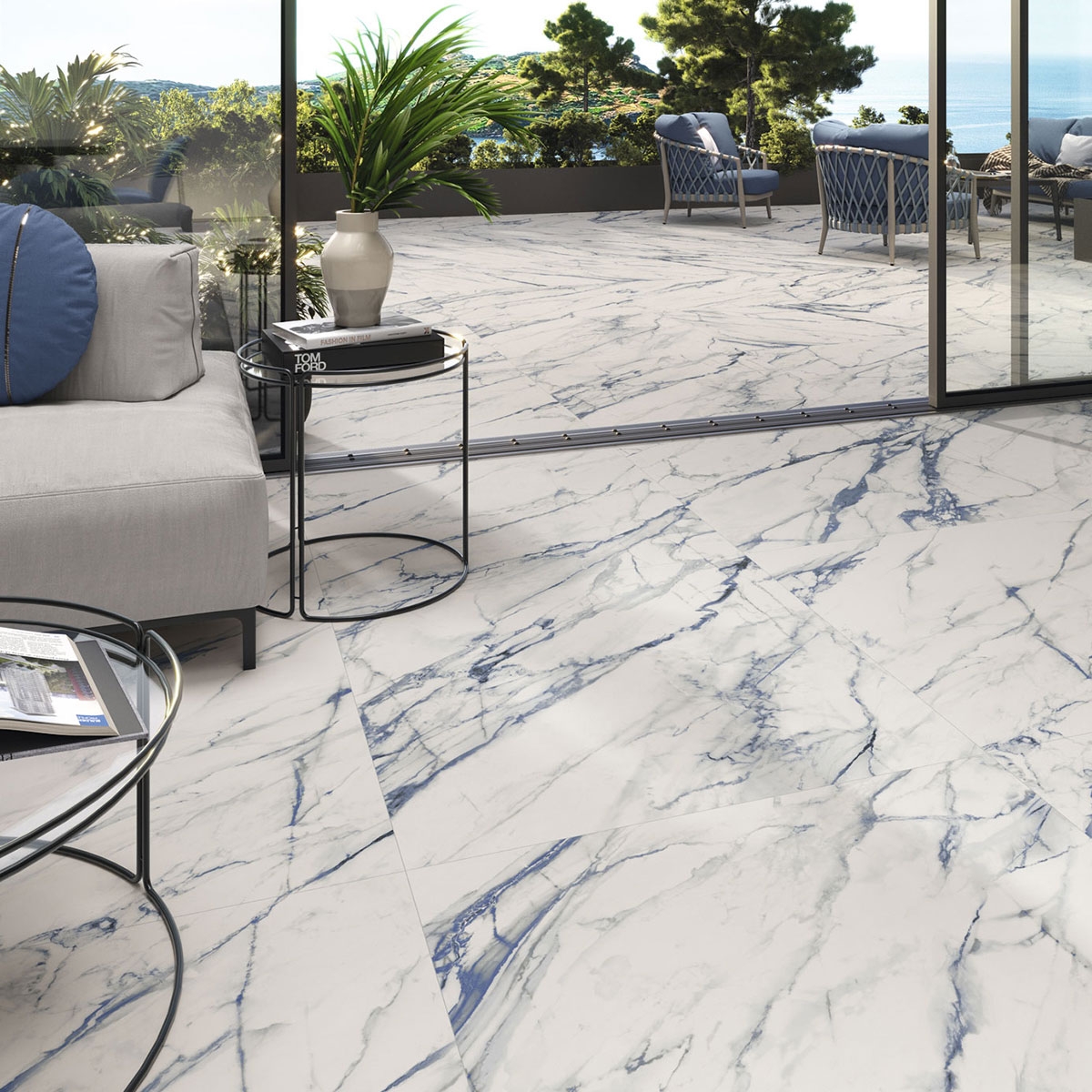 Interior con pavimento Firenze 1842 Calacatta Blue 100x100