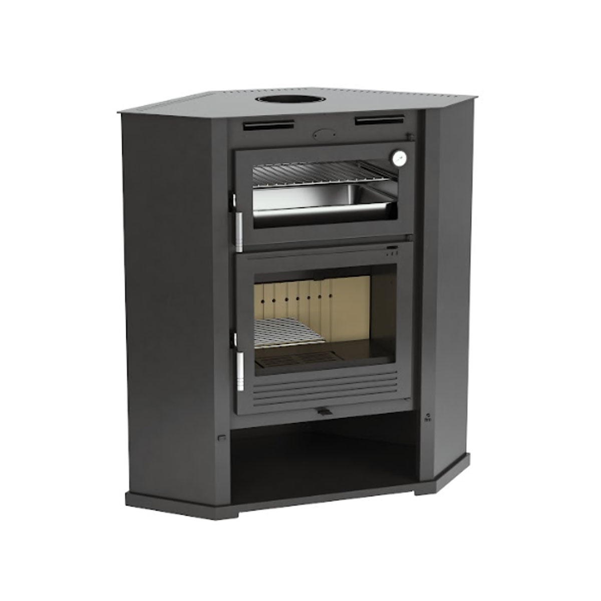 Estufa de leña frontal con horno y ventilador tangencial M-107 RT de FM calefacción