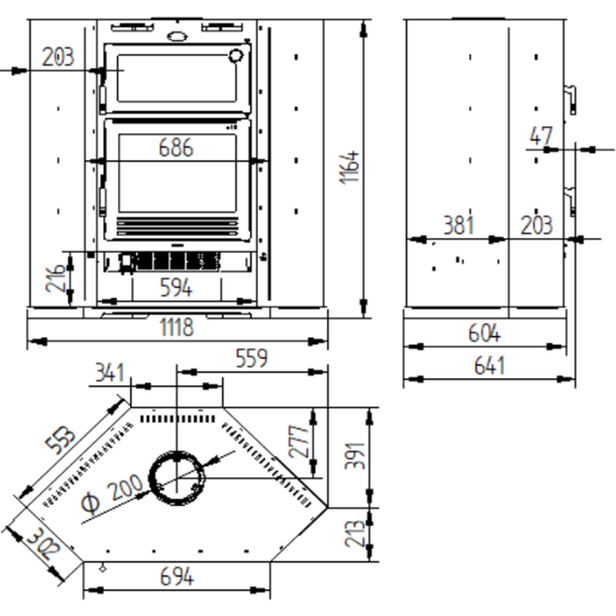 Measurements Front wood stove with oven and tangential fan M-107 RT