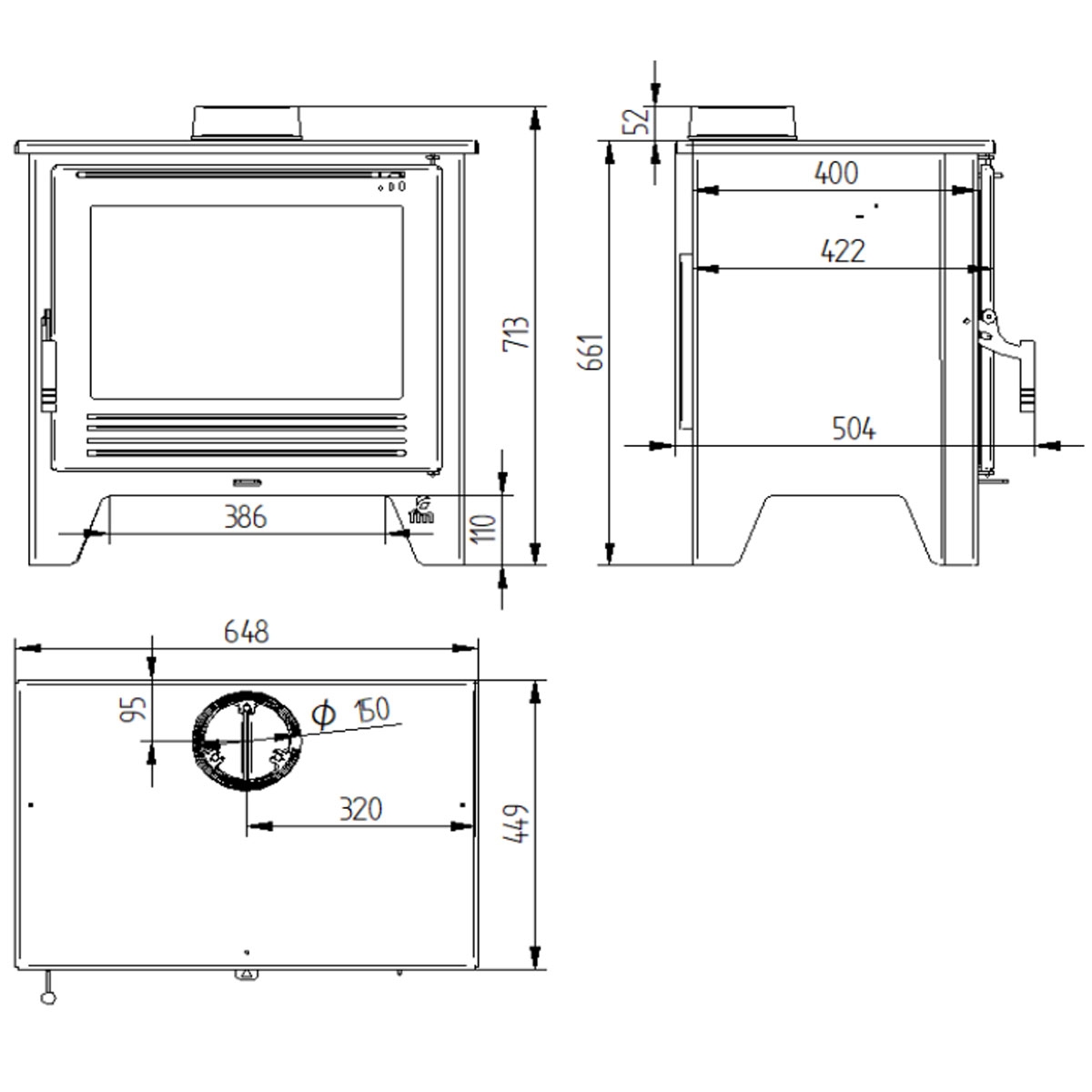Measurements Wood stove with cast iron interior M-108 PF