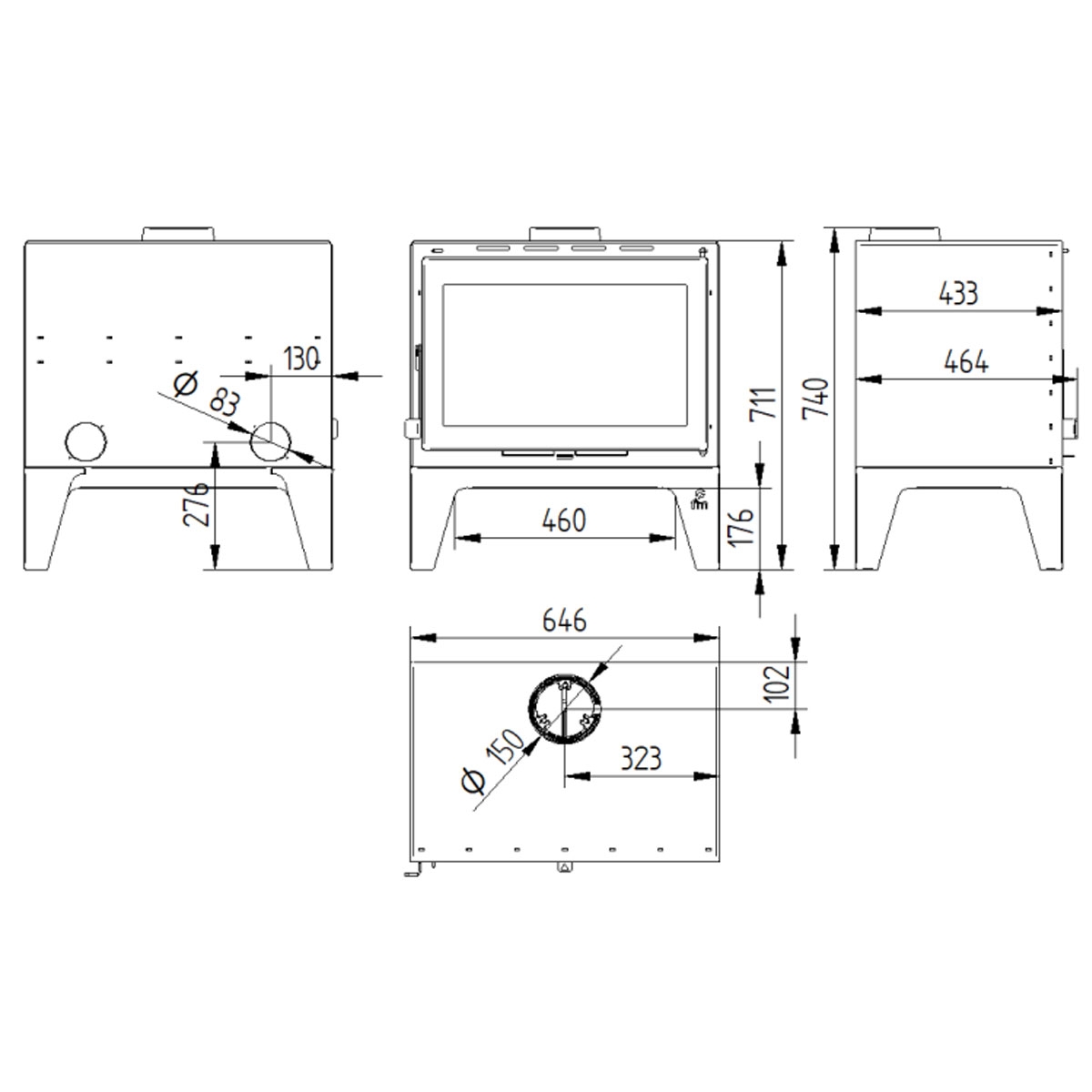 Measurements Wood stove with cast iron interior M-170 PF