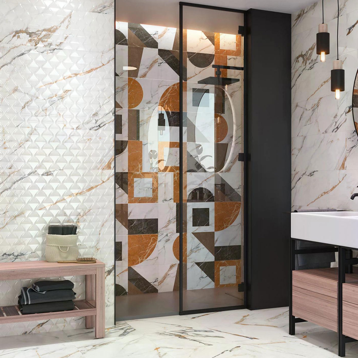 Salle de bain avec Firenze 9543 Relief Calacatta Gold revêtement 30x90