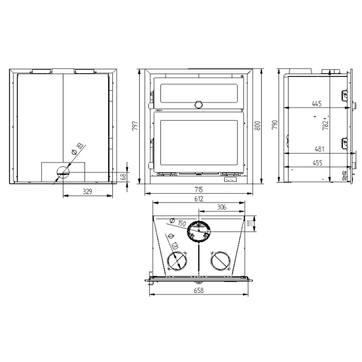 Medidas Insertable de leña con horno Inox IT-170 H
