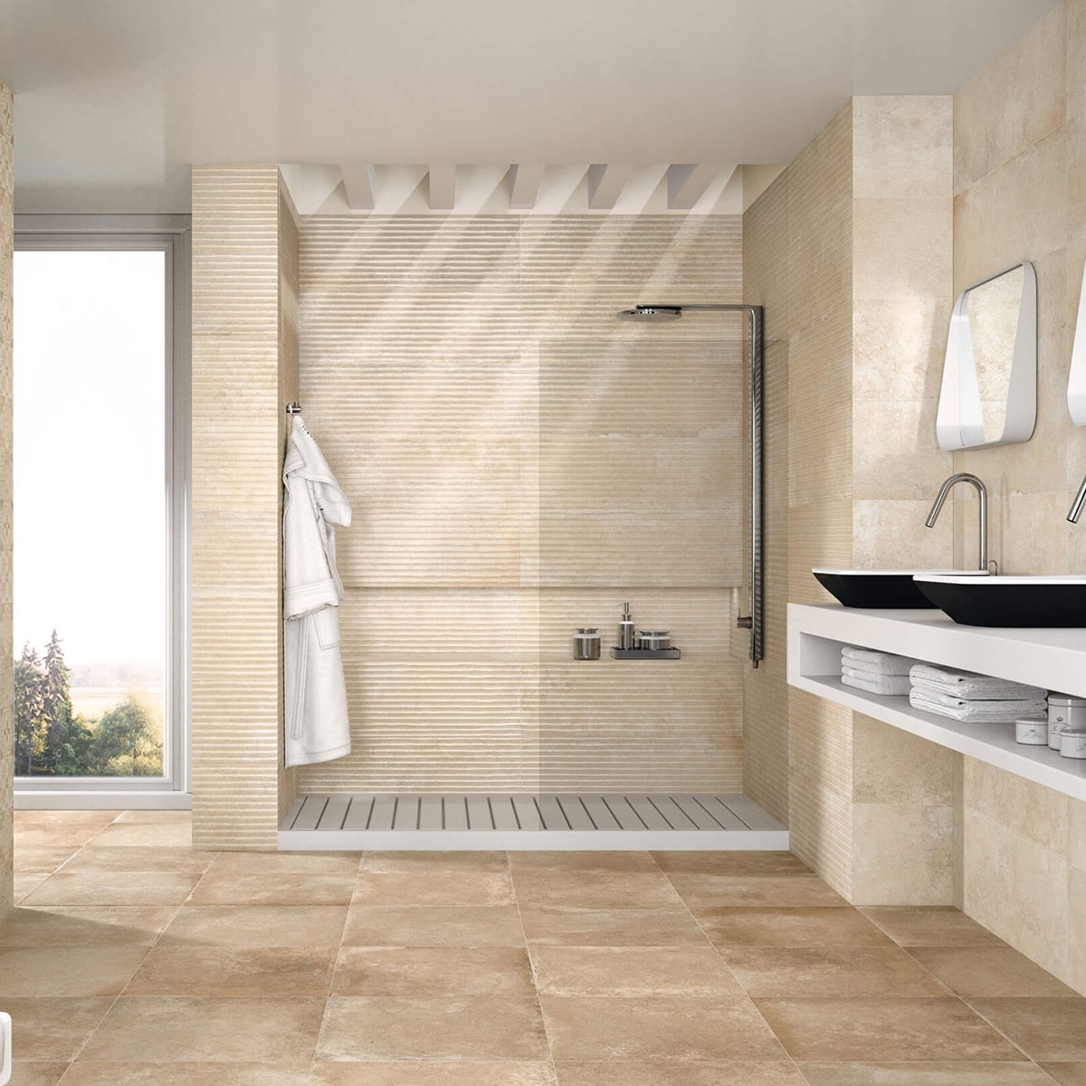 Badezimmer mit Louisiana 9516 Cream Relief 30x90 Beschichtung