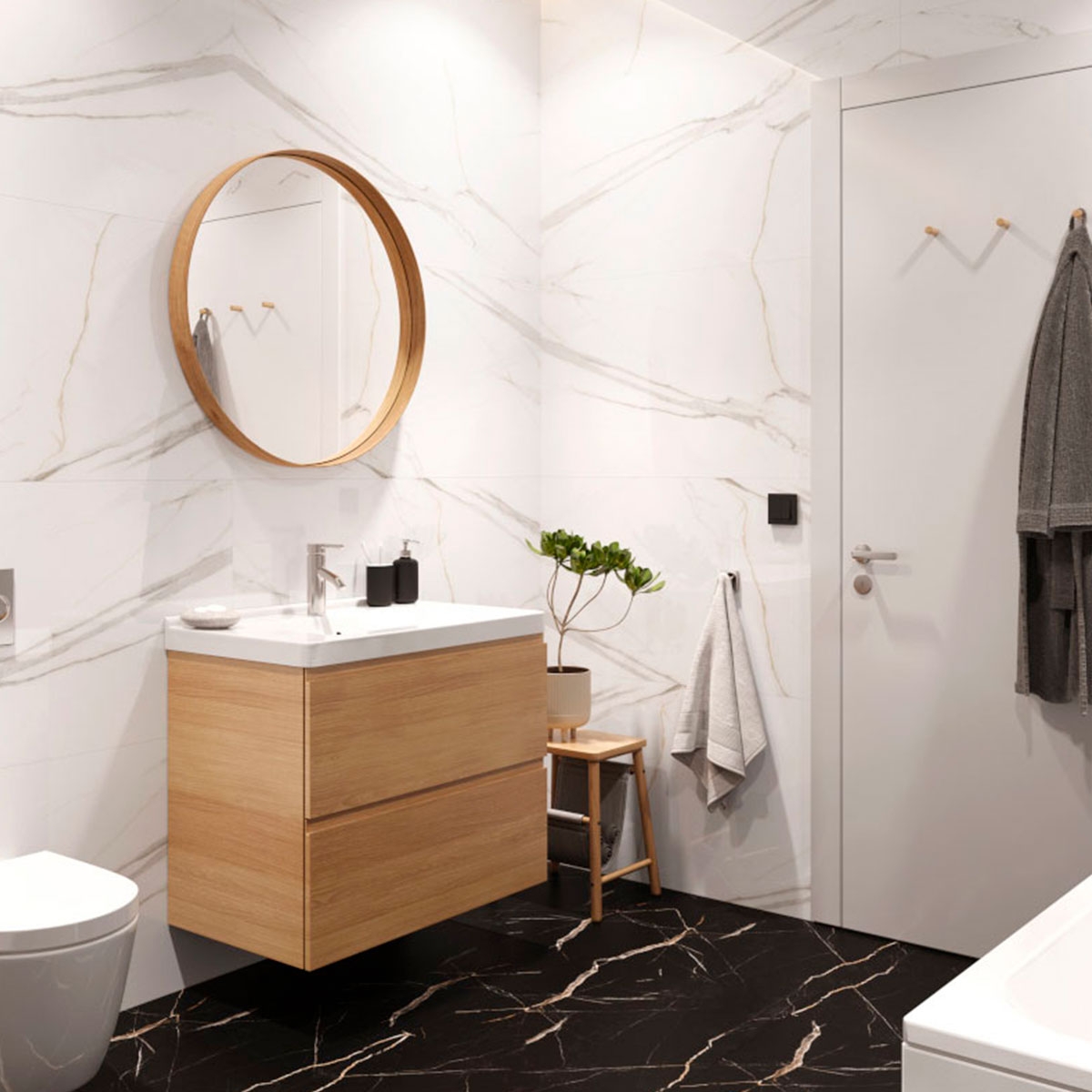 Casa de banho com pavimento Spc revestimento Calacatta Black 60x60 (Box 1.44m2)