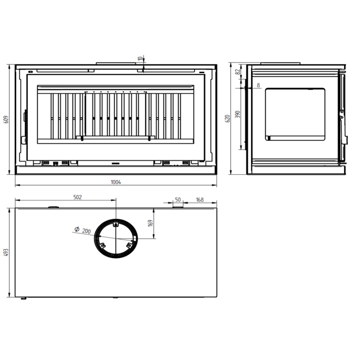 Measurements Wood stove to hang with 3 sides M-103 K