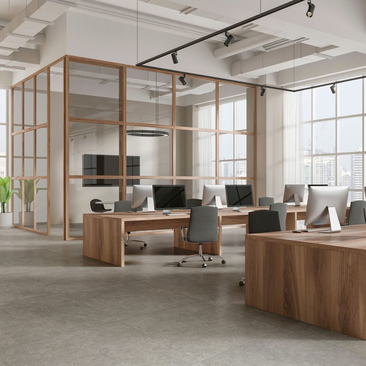 Interior con pavimento Room Grigio Strutturato R11 100x100