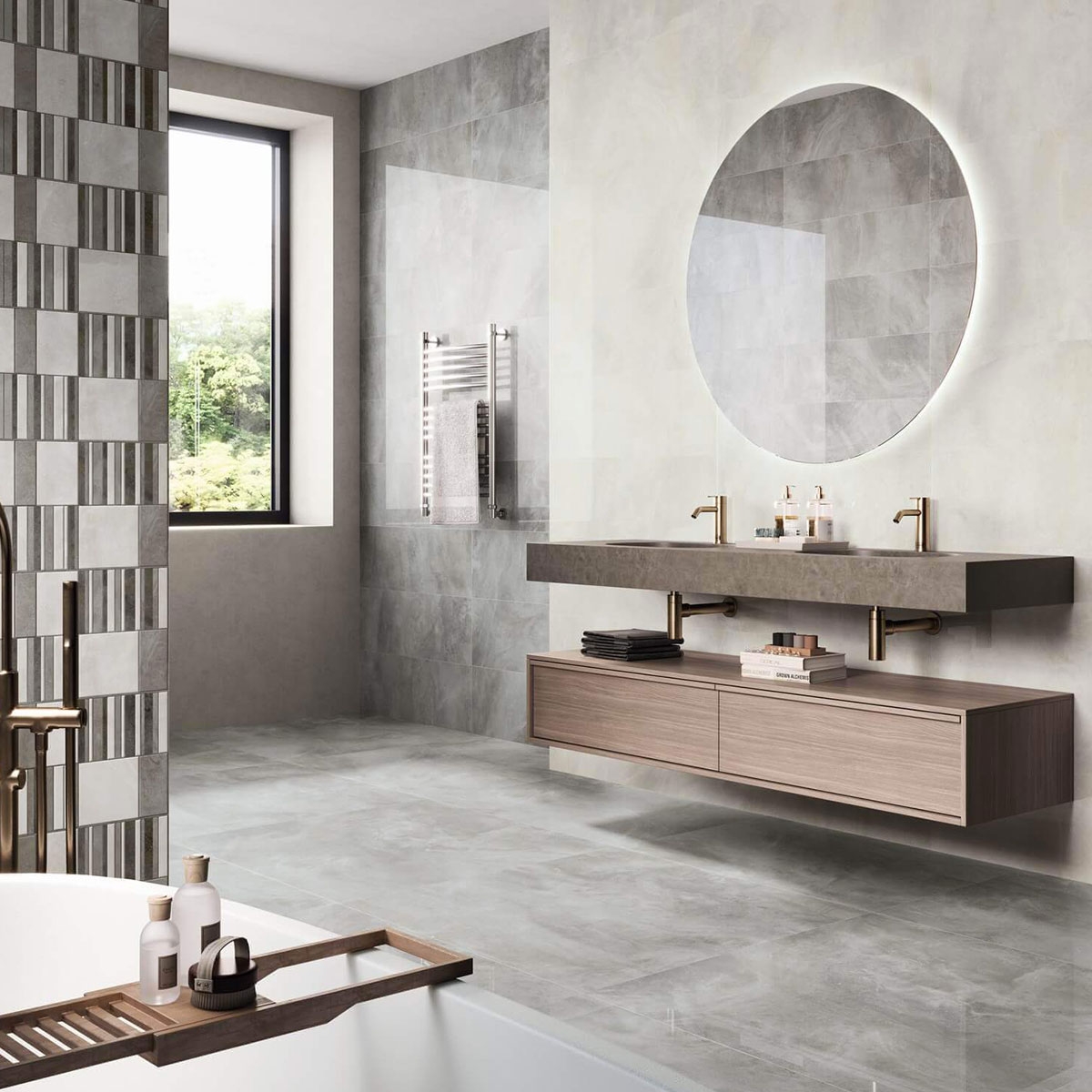 Badezimmer mit Nilo 9537 Relief Stone 30x90 Verkleidung