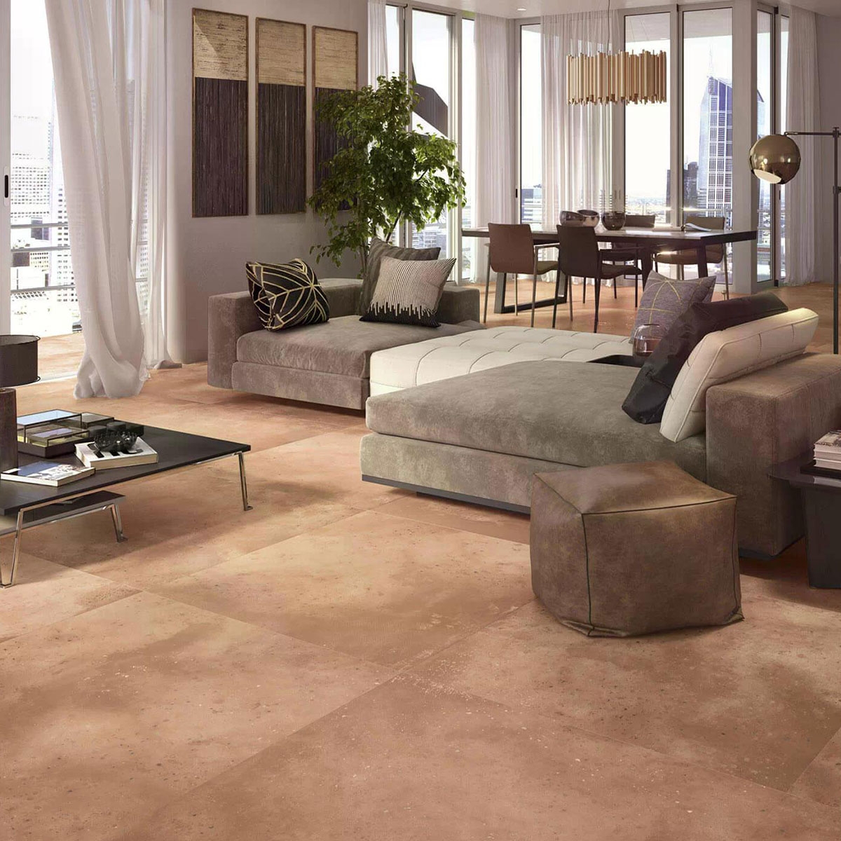 Interior com pavimento Montana 1869 Terracota 100x100