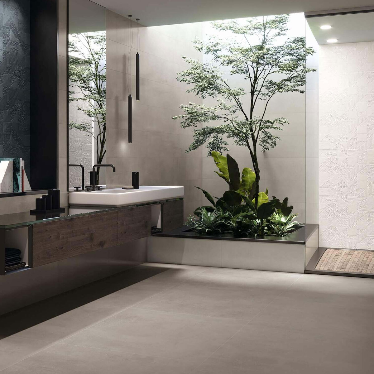 Badezimmer mit Phoenix 9536 Smoke 30x90 Wandfliesen