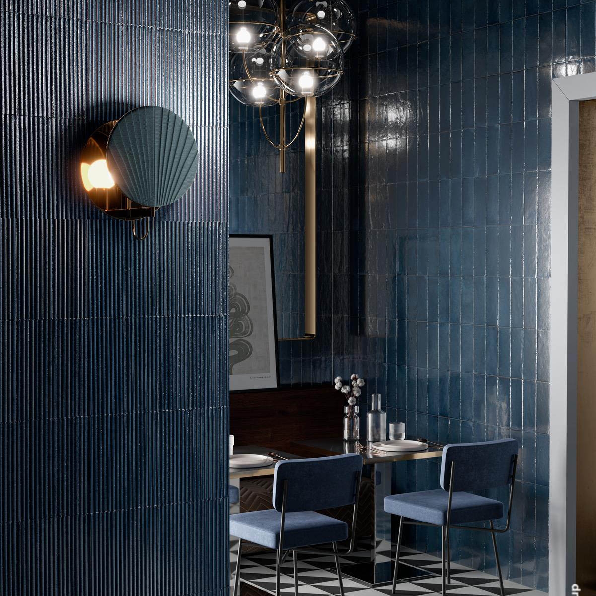 Interior con Revestimiento Rice Blu Strutt. Pleat 3D Lux 7.5x20