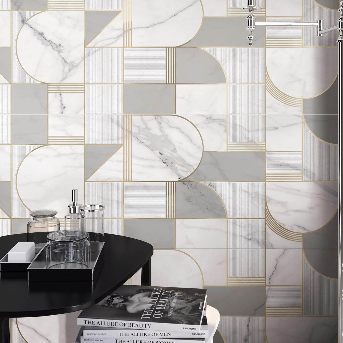 Interior con Revestimiento Allmarble Statuario Satin Decoro Club 40x120