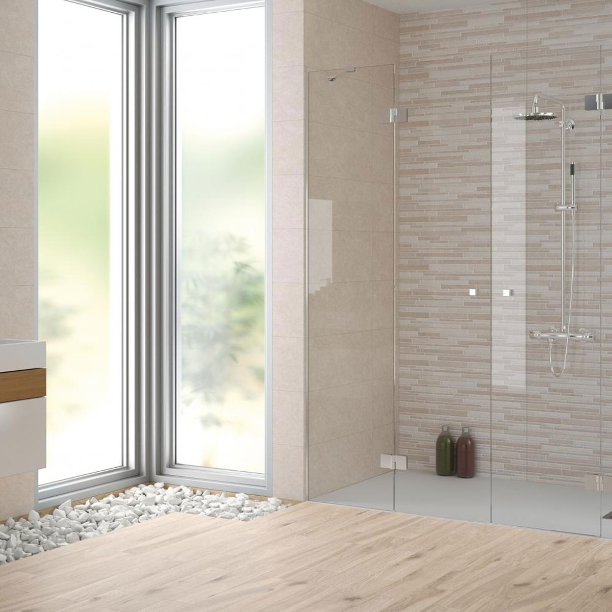 Interior con revestimiento AT Andros Relieve Taupe 25x70