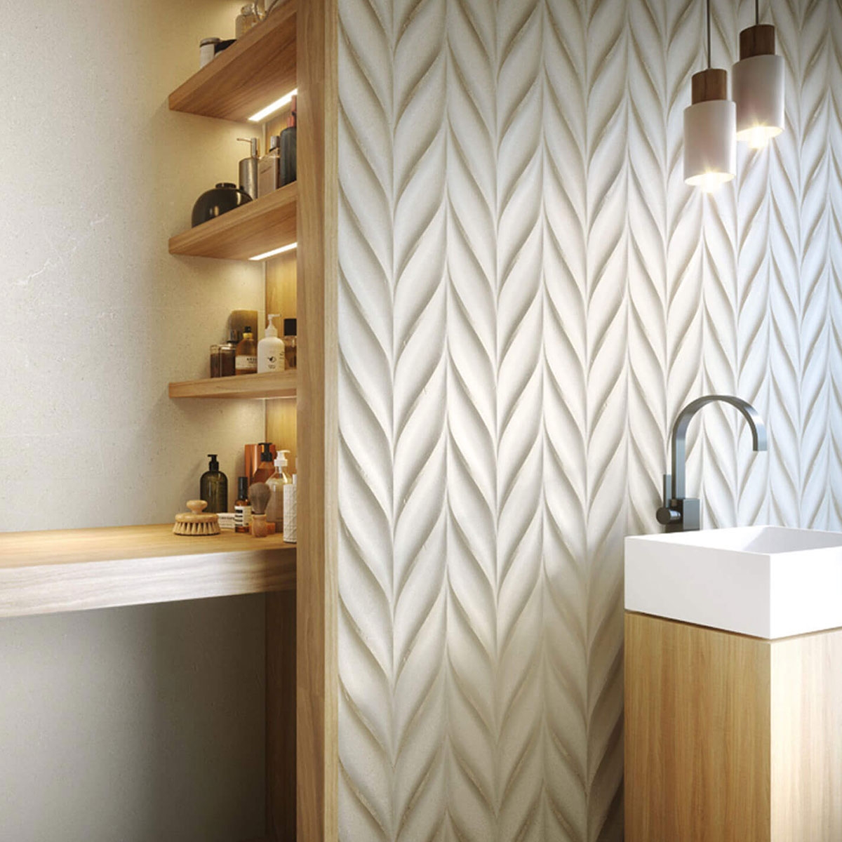 Badezimmer mit Cleveland 8214 Relief Milos Bone 33,3x80 Beschichtung