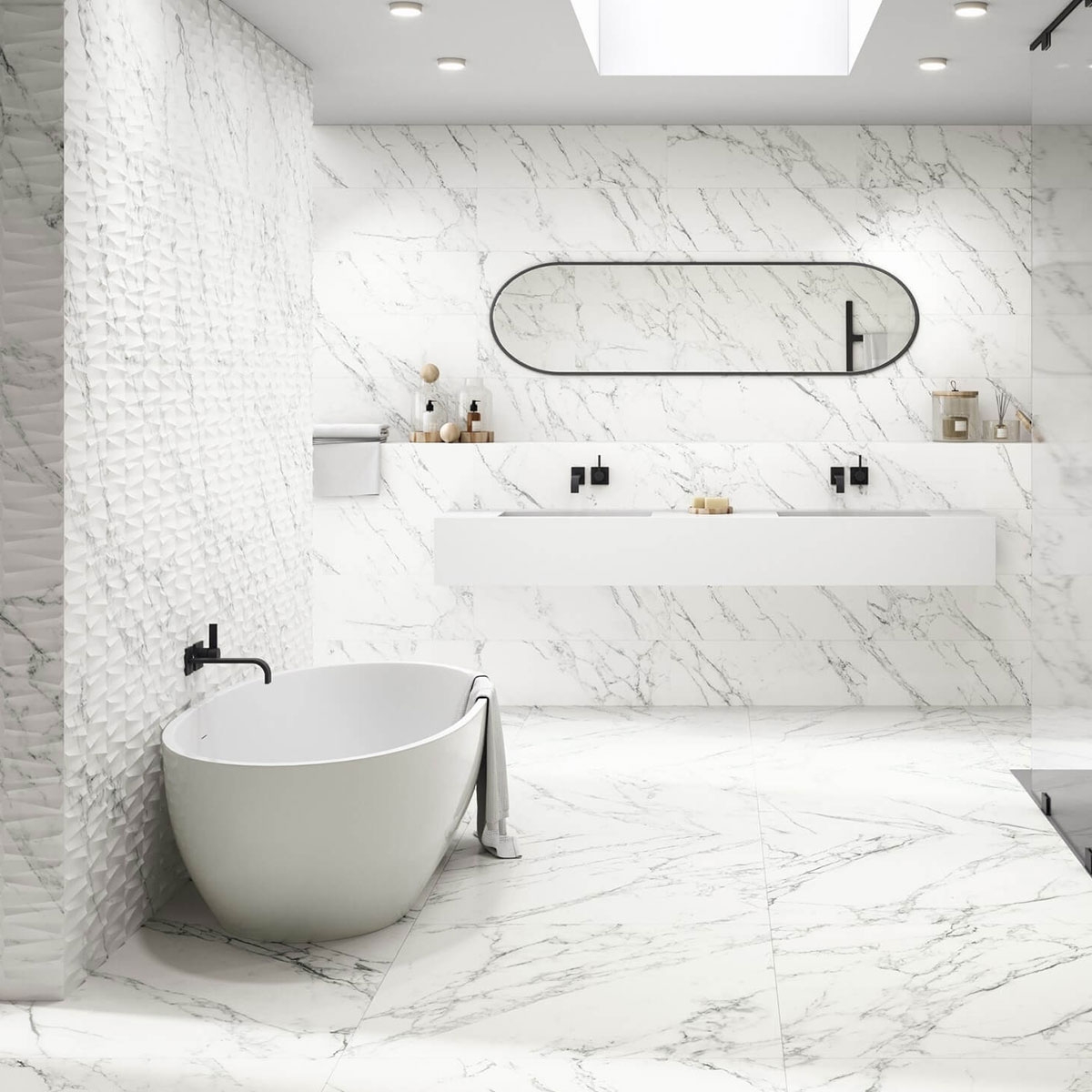 Badezimmer mit Loira 9540 Relief White Beschichtung 30x90