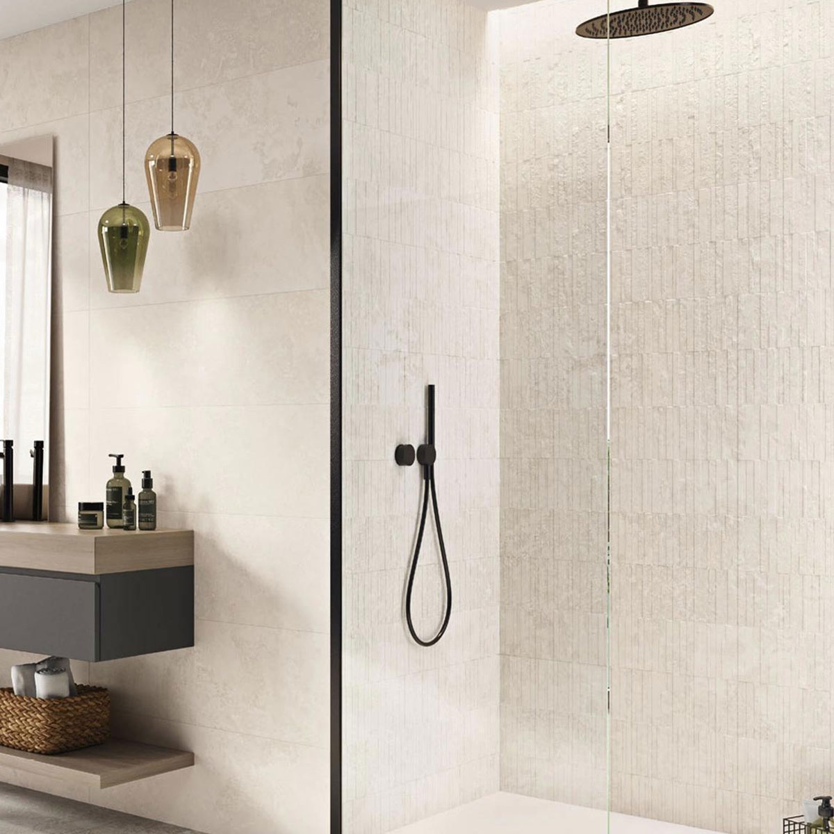 Bathroom with Rapolano 9546 Relief White coating 30x90