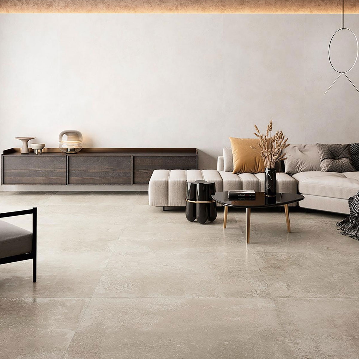 Interior con pavimento Montpellier Bone 120x120