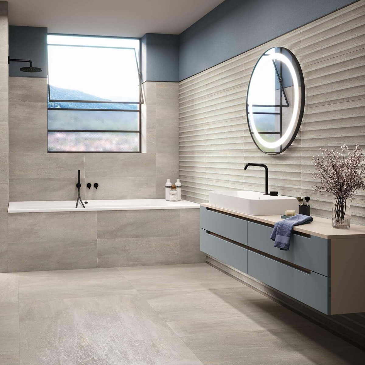 Bathroom with Sakai 9542 Relief Kimura Taupe 30x90 cladding