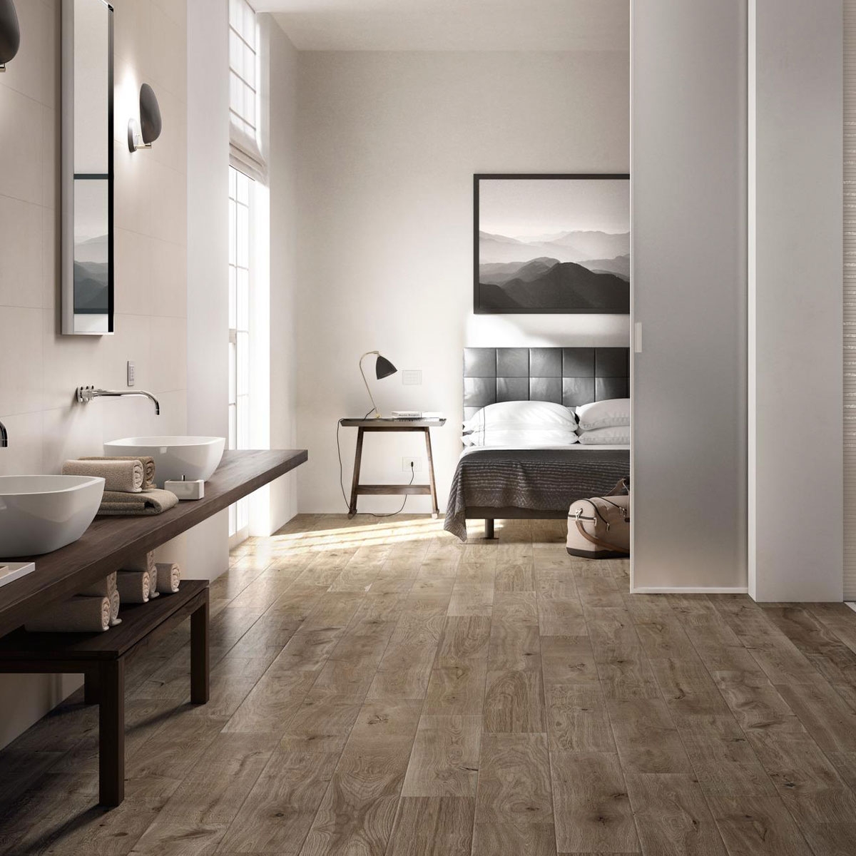 Interior con pavimento Treverkever Musk 20x120 (Caja 0,96m2)