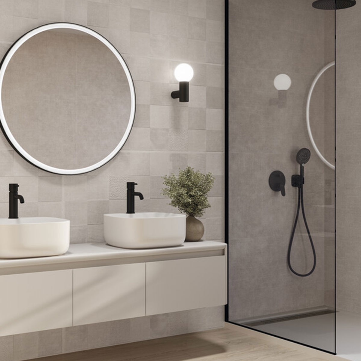 Salle de bain avec bardage Trames Amande 60x120