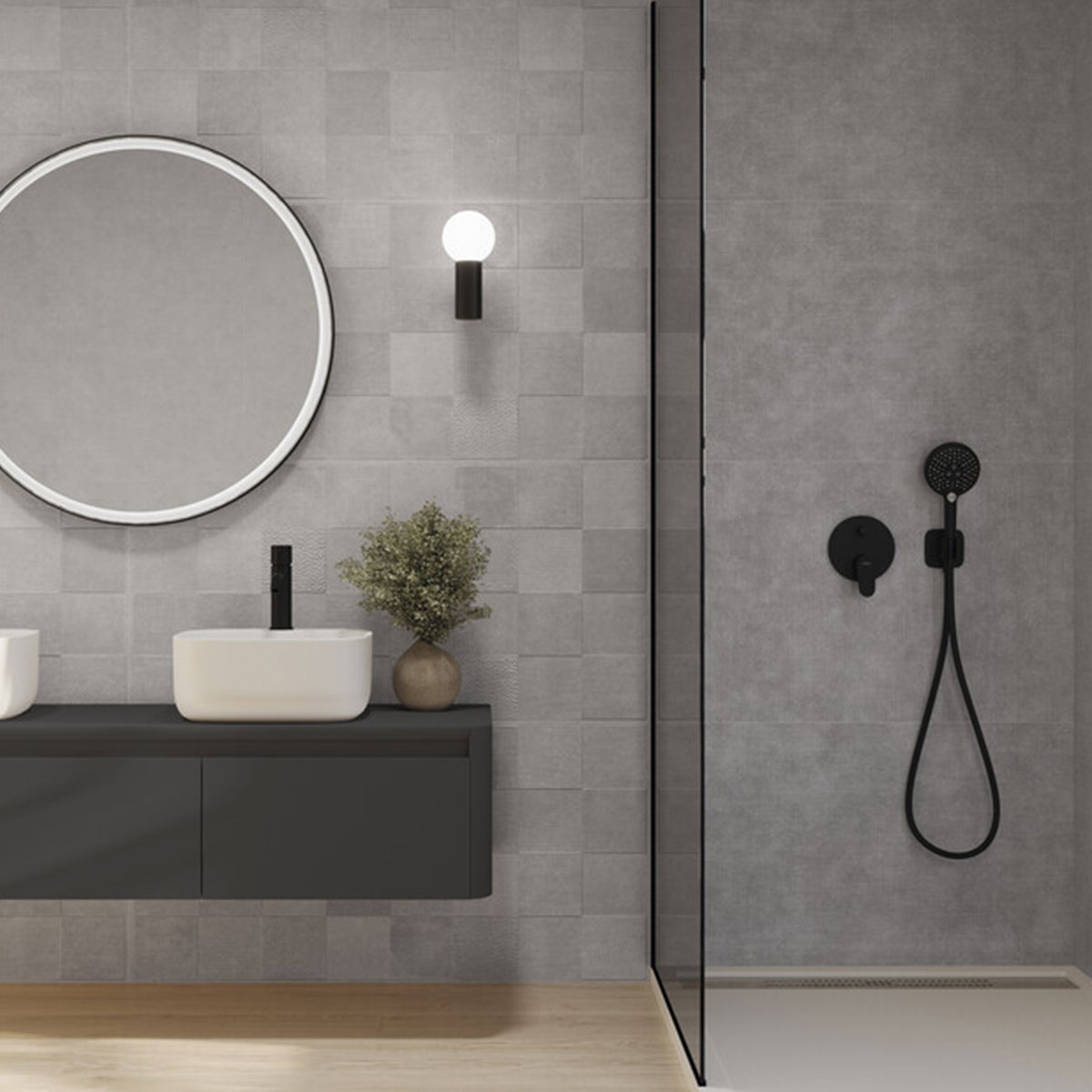 Salle de bain avec revêtement Trames Patch Grey 60x120