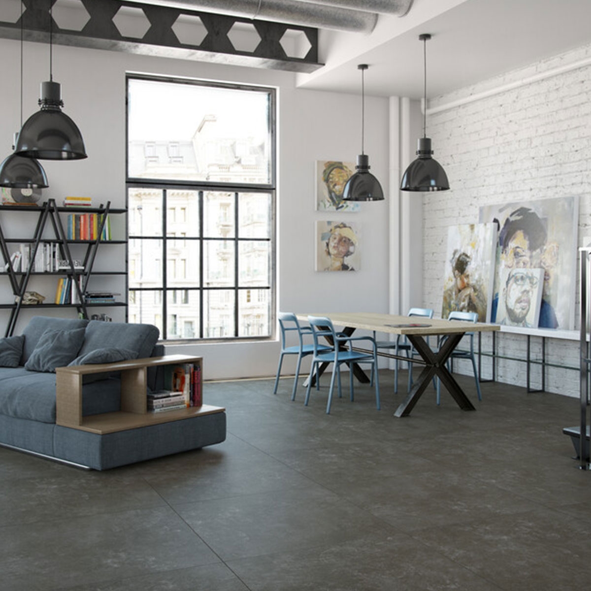 Interior com pavimento Tanum Plomo 60x60